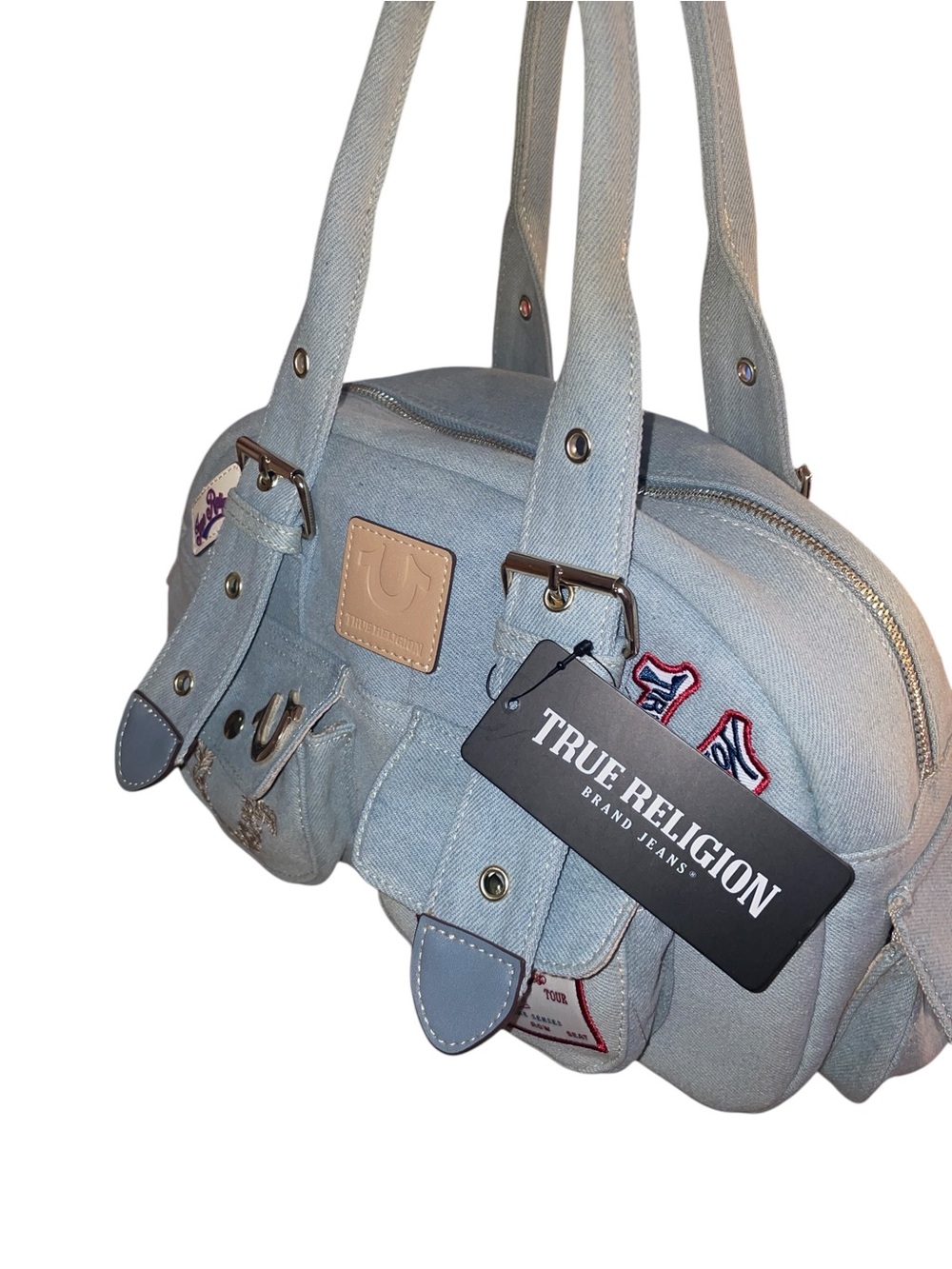 TRUE RELIGION Multi-Patch Denim Satchel Bag NWT - Picture 12 of 16